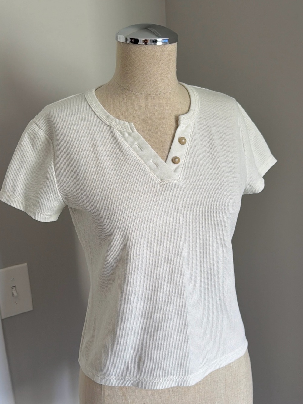 Madewell Women’s S Cropped White Solid Waffle Henley Button Short Sleeve T-Shirt